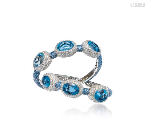 Michele Della Valle 设计海蓝宝石配钻石手镯 （一组两件）