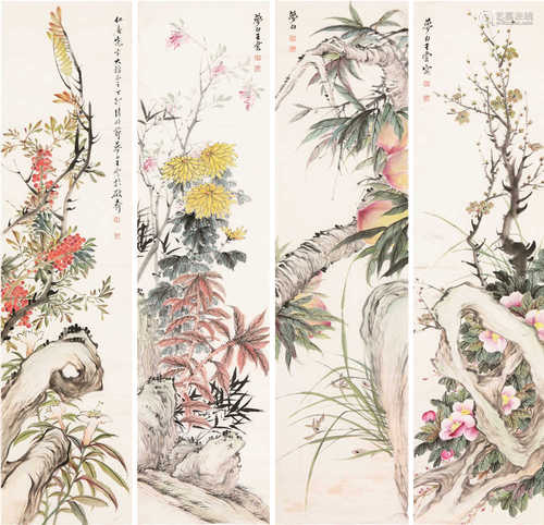 王梦白 花卉四屏