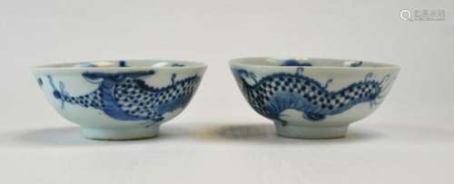 Pair of Chinese Blue & White Porcelain Dragon Bowl