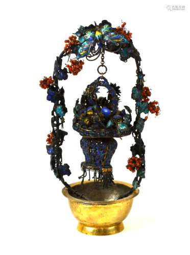 Chinese Silver Enamel & Coral Hanging Basket