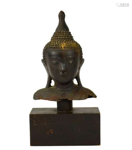 Chinese Bronze Buddha Head on Wood Stand