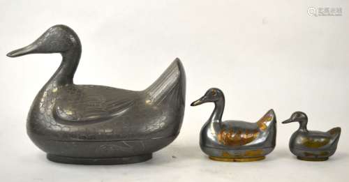 Three Chinese Pewter Duck Form Boxes