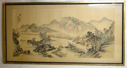 Chinese Watercolor of Fishing Village; Signed