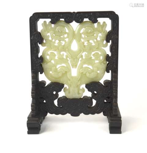 Chinese Carved Jade Plaque Framed by Zitan Wood