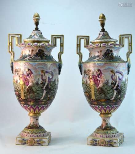 Pair of Italian Porcelain Capodimonte Tall Urns