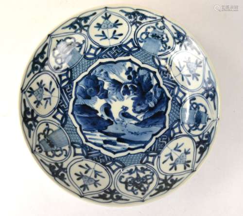 Chinese Blue & White Plate with Wood Stand