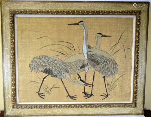 Japanese Framed Watercolor Painting of Cranes