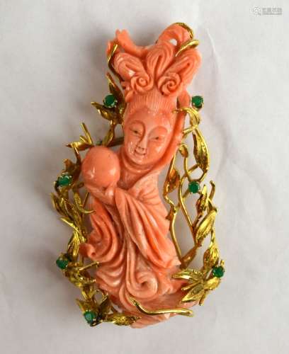 18K Gold Mounted Chinese Coral Lady  Pin