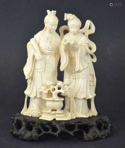 Chinese Carved Bone Figural  of Couple w. Stand