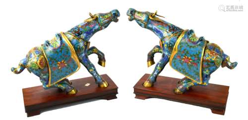 Pair of Chinese Blue Cloisonne Steer Figures