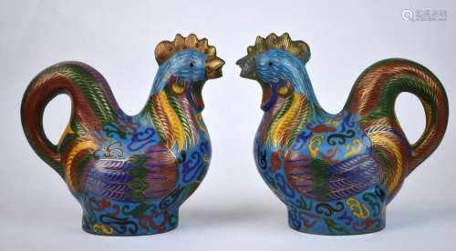 Pair of Small Chinese Cloisonne Rooster Figures