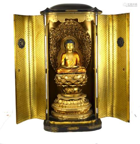 Japanese Lacquer Wood Zushi Shrine with Buddha