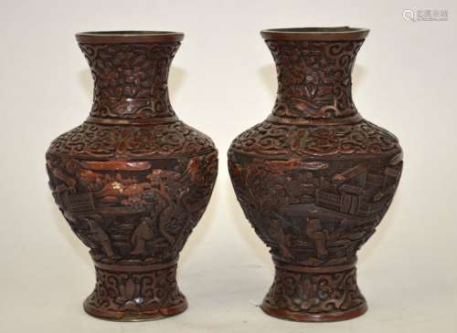 Pair of Chinese Carved Cinnabar Vases