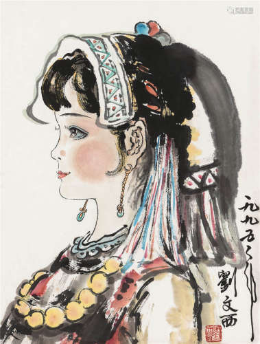 刘文西 1995年作 少女像 镜框 设色纸本