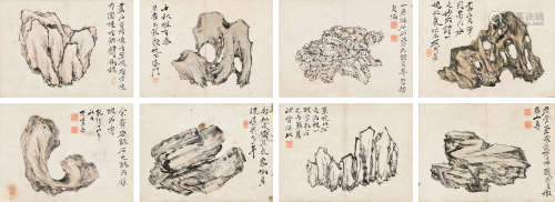 李觯 1749年作 奇石册 （八帧） 册页 设色纸本