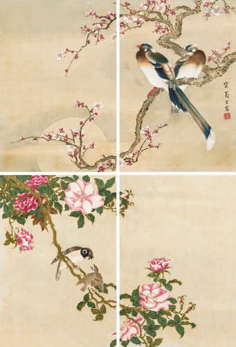 宋万里佚名 梅花长寿鸟 双色月季 镜心 设色绢本