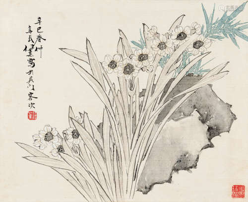 任薰 1861年作 水仙竹石图 立轴 设色绢本