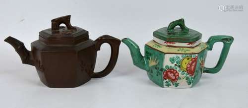 Near-Pair 19th C Chinese Yixing Hexagon Teapots