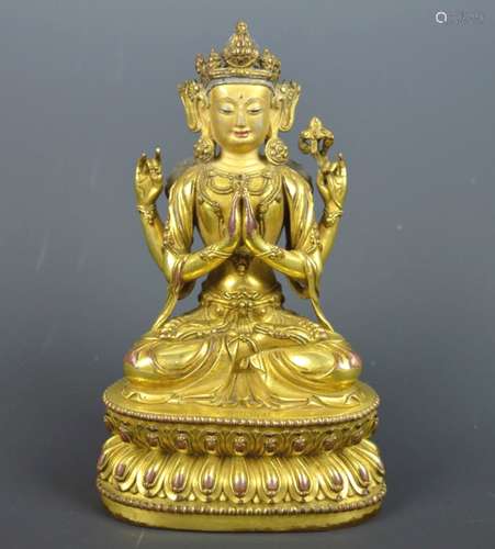 Heavily Gilt Bronze Chinese Seated Buddha w Mark