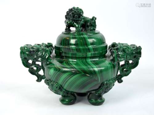 3 Leg Chinese Carved Malachite Censer & Cover