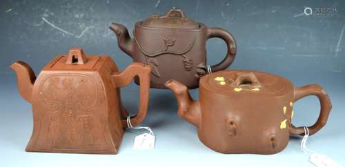 3 Flat-Sided Chinese Yixing Teapots