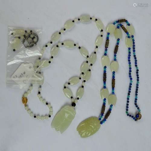 2 Chinese Carved White Jade Cicada Bead Necklaces