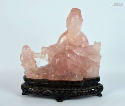 Chinese Carved Pink Quartz Scholar, Boy & Cat