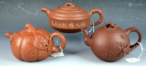 3 Chinese Yixing Teapots, Shaped and Applied