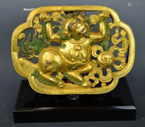 Good Gilt Bronze Tibetan Supporting Lion in Frame