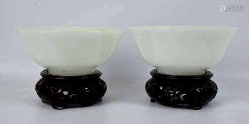 Pair Chinese White Hardstone Bowls & Stands