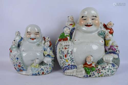 2 Chinese Enameled Porcelain Hotai Buddha