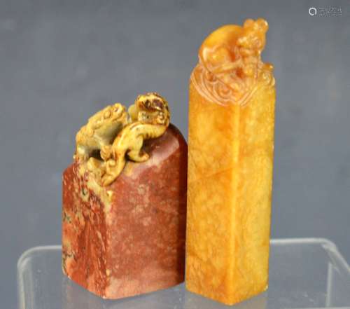 2 Chinese Yellow & Red Soapstone Seals