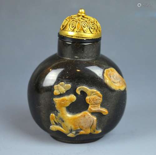 Large Chinese Carved Agate & Jasper Snuff Bottle