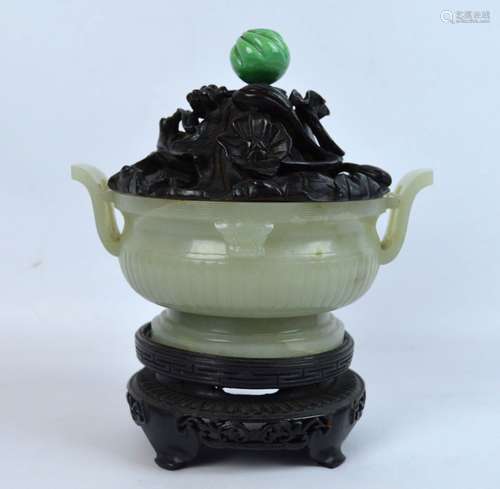 18th C Chinese Carved 2 Handled Jade Censer