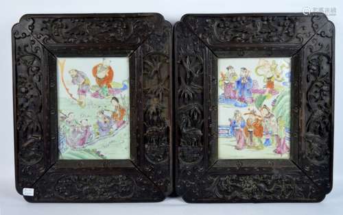 2 Chinese Enameled Porcelain Plaques, Zitan Frames