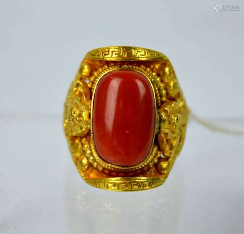 Dark Red Coral Cabochon in High Karat Gold Ring