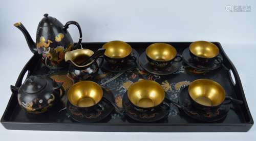 Early 20th C Chinese Fuzhou Lacquer Tea Set