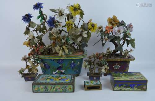 7 - Chinese Cloisonne Containers & Stone Flowers