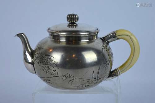 19th C Japanese Incised Silver Teapot & Cover