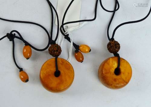 2 - Antique Chinese Butterscotch Amber Bi Pendants