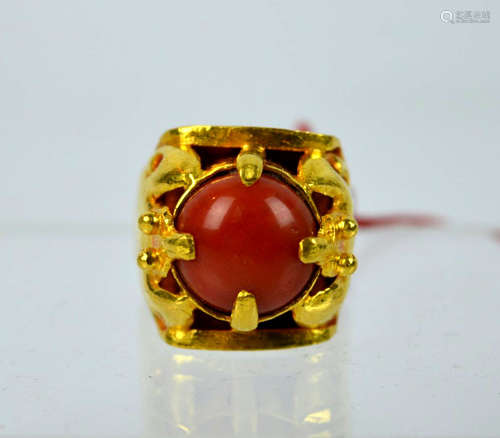 Dark Red Coral Cabochon in High Karat Gold Ring