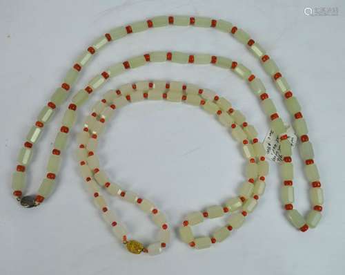 2 Chinese White Jade & Coral Bead Necklaces