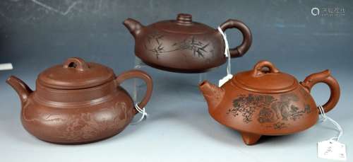 3 Chinese Yixing Teapots with Fine Calligraphy