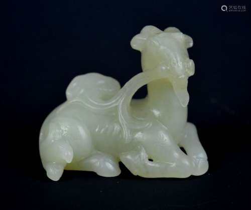 Good Chinese Carved Jade Ram & Lingzhi Toggle