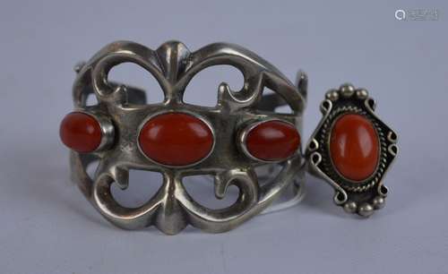 Native American Coral & Silver Bracelet & Ring