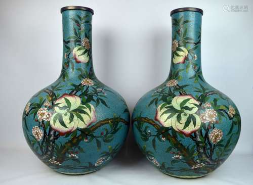 Large Pr. Qing Chinese Cloisonne 9 Peach Vases