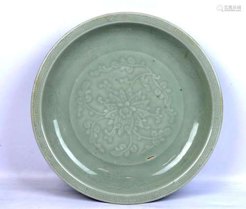 Chinese Qing Dynasty Carved Celadon Charger