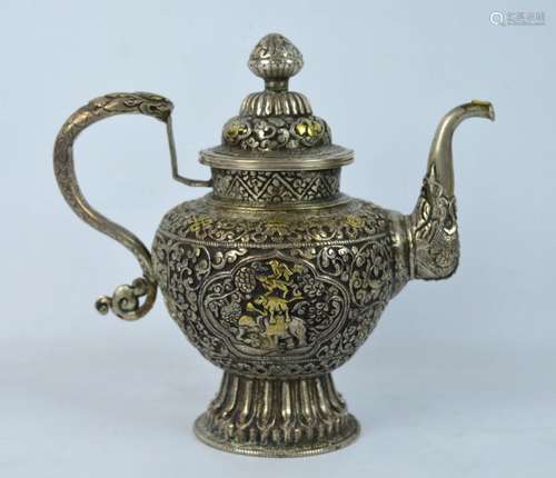 Fine 19th C Tibet Repousse Silver Teapot w Gold