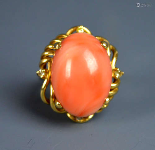 Pink Coral Cabochon in Gold Ring Marked 