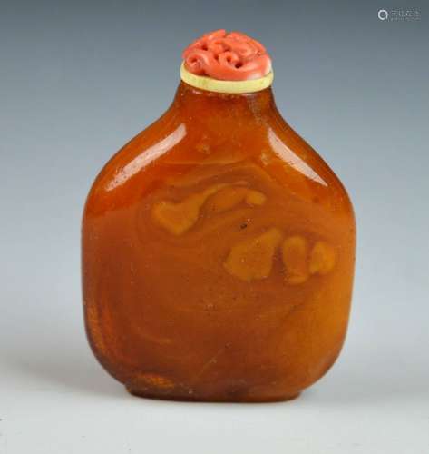 18th C Chinese Butterscotch Amber Snuff, Coral Top